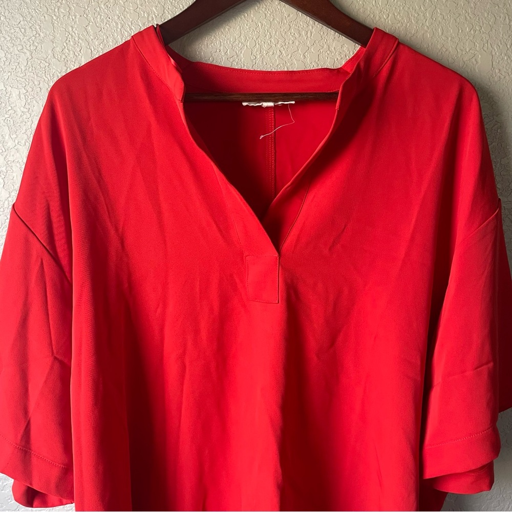 Melloday Womens Large Red Split Neck Short Sleeve Tunic Top Office Business - Picture 2 of 10